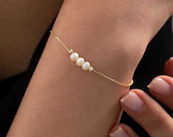 14k Solid Gold Pearl Bracelet For Women | White Beaded Pearl Charm | Minimalist Dainty Jewelry