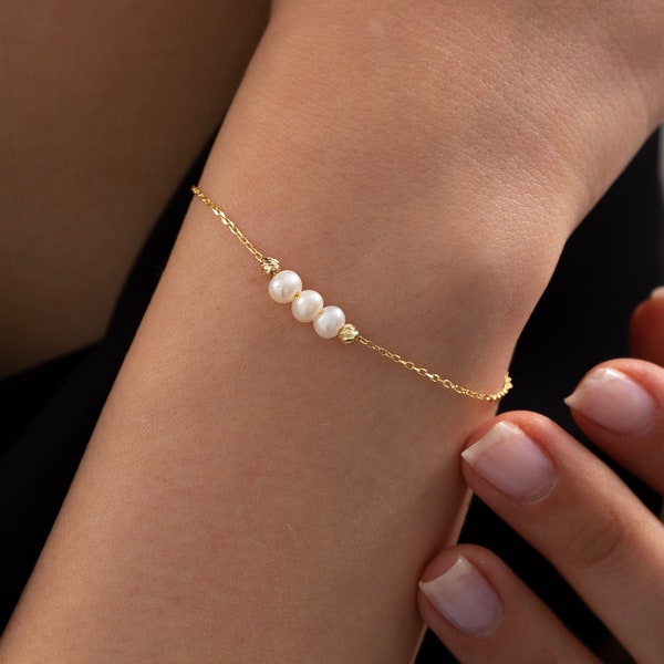 Bracelet de perles en or massif 14 carats pour femmes | Charme de perle perlée blanche | Bijoux délicats minimalistes | Cadeau pour elle | Cadeau de Saint Valentin