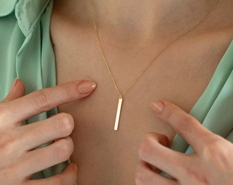 14k Solid Gold Vertical Bar Neclace for Women | Bar Pendant Necklace | Dainty Gold Bar Geometric Jewelry | Gift for Her | Minimalist Pendant