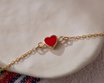 14k Solid Gold Red Heart Bracelet For Women | Tiny Red Heart | Love Heart Dainty Charm Bracelet | Adjustable Bracelet Jewelry | Gift for Her