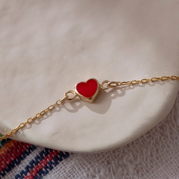 14k Solid Gold Red Heart Bracelet For Women | Tiny Red Heart | Love Heart Dainty Charm Bracelet | Adjustable Bracelet Jewelry | Gift for Her