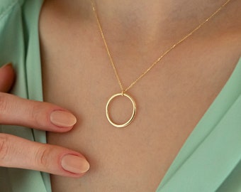 14k massief gouden cirkelketting voor dames | Ring hanger ketting | Open cirkel sierlijke sieraden | Schijfhanger | Cadeau voor haar | Valentijnscadeau
