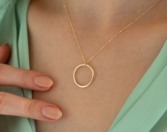 14k Solid Gold Circle Neclace for Women | Ring Pendant Necklace | Open Circle Dainty Jewelry | Disc Pendant | Gift for Her | Valentines Gift