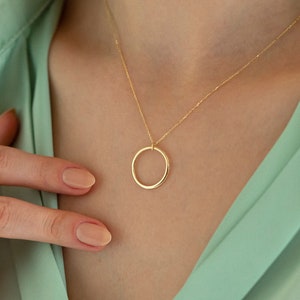 14k Solid Gold Circle Neclace for Women | Ring Pendant Necklace | Open Circle Dainty Jewelry | Disc Pendant | Gift for Her | Valentines Gift