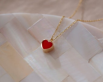 14k Solid Gold Mini Red Heart Necklace for Women | Red Heart Dainty Enemal Pendant | Love Necklace | Gift for Her | Valentines Day Gift