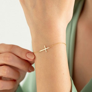 14k Solid Gold Cross Bracelet For Women | Dainty Real Gold Crucifix | Sideways Cross Bracelet | Adjustable Bracelet Jewelry | Gift  for Her