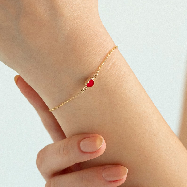 14k Solid Gold Red Heart Bracelet For Women Tiny Red Heart Love Heart Dainty Charm Bracelet Adjustable Bracelet Jewelry Gift for Her image 5