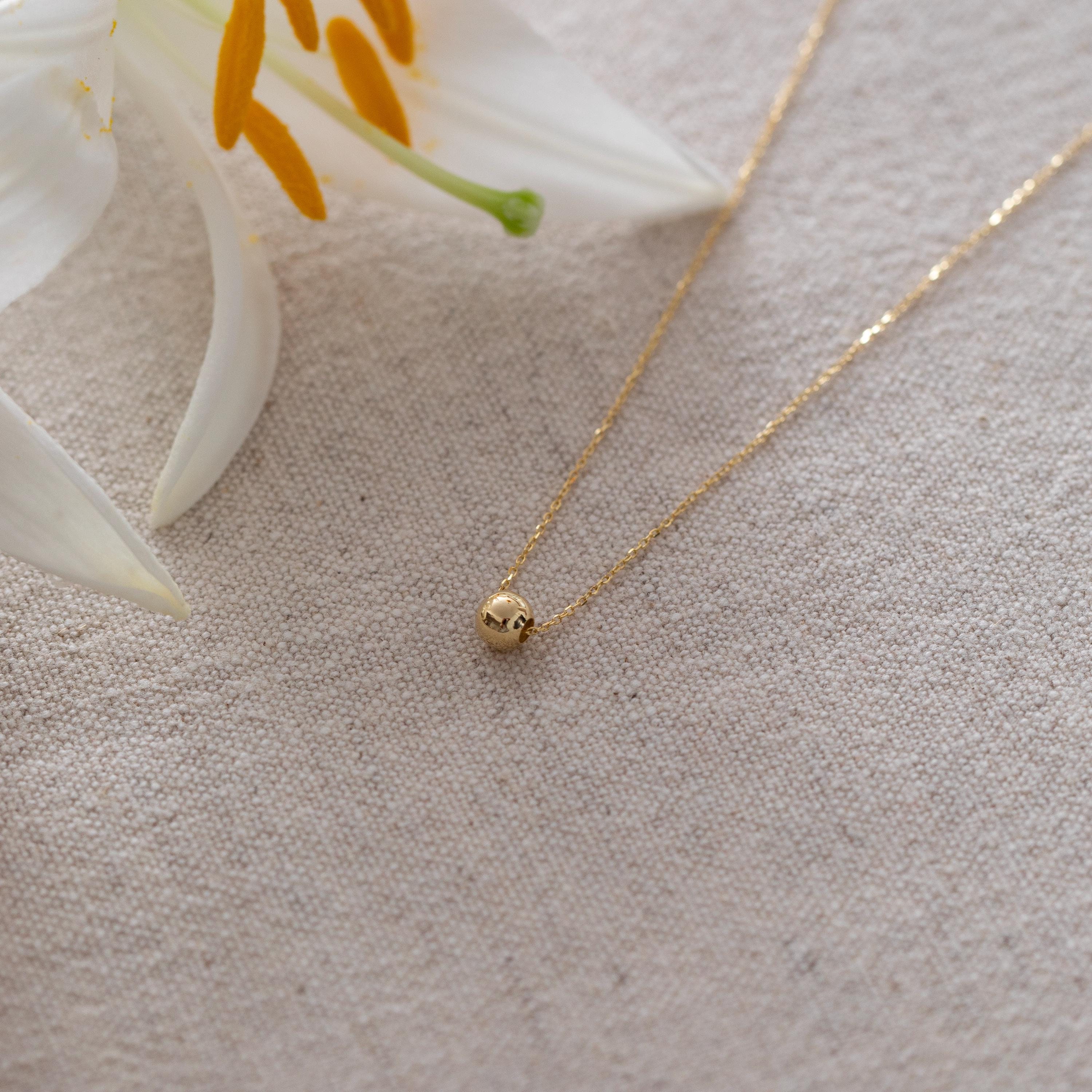 14K Solid Gold Ball Beaded Necklace | Dainty Polished Ball