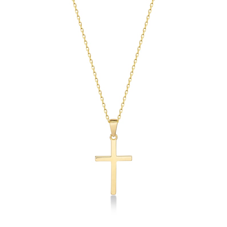 May include: A gold chain necklace with a simple, plain cross pendant.