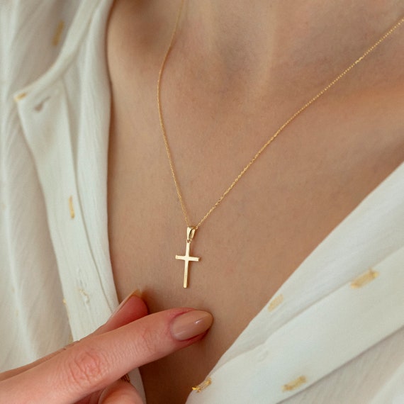 14k Solid Gold Cross Necklace | Minimalist Crucifix Pendant | Guardian Angel Religious Jewelry |