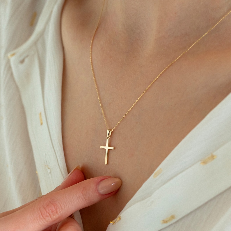 14k Solid Gold Cross Neclace for Women Classic Crucifix Pendant Necklace Guardian Angel Religious Jewelry Gift for Her, Valentine Gift image 1
