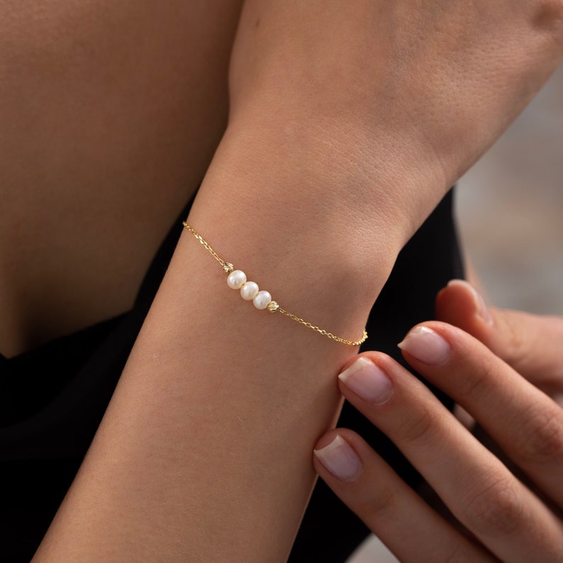 14k Solid Gold Pearl Bracelet For Women White Beaded Pearl Charm Minimalist Dainty Jewelry Gift for Her Valentines Day Gift image 1