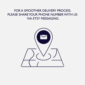 May include: A black and white line drawing of a map with a pin in the center. The pin has an envelope icon inside. The text "FOR A SMOOTHER DELIVERY PROCESS, PLEASE SHARE YOUR PHONE NUMBER WITH US VIA ETSY MESSAGING." is above the map.