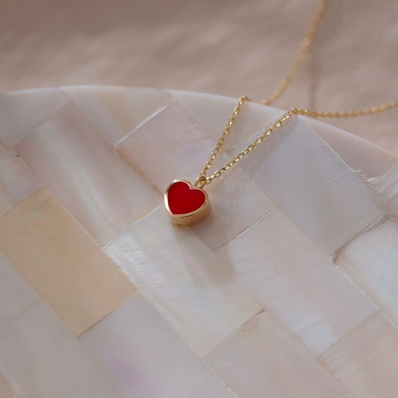 14k Solid Gold Mini Red Heart Necklace for Women | Red Heart