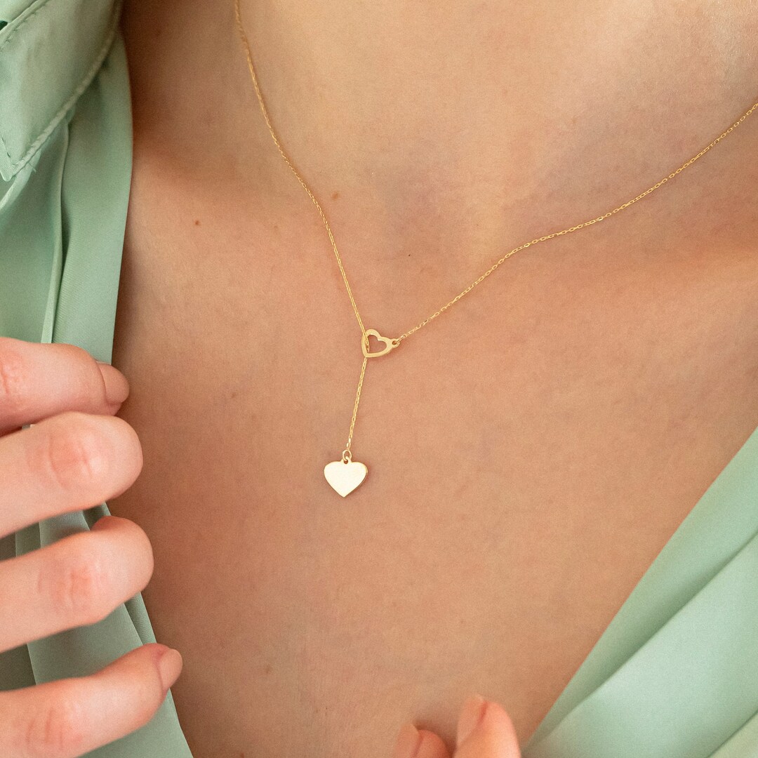 14k Solid Gold Double Heart Necklace for Women Lariat Y Necklace Two