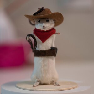 May include: A white mouse wearing a brown cowboy hat with a red bandana and a brown belt. The mouse is standing on a white platform.