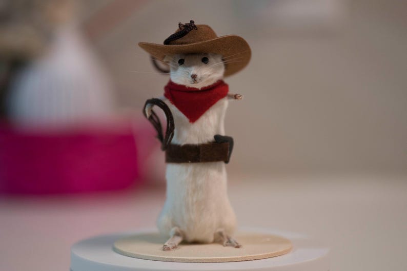 May include: A white mouse wearing a brown cowboy hat with a red bandana and a brown belt. The mouse is standing on a white platform.