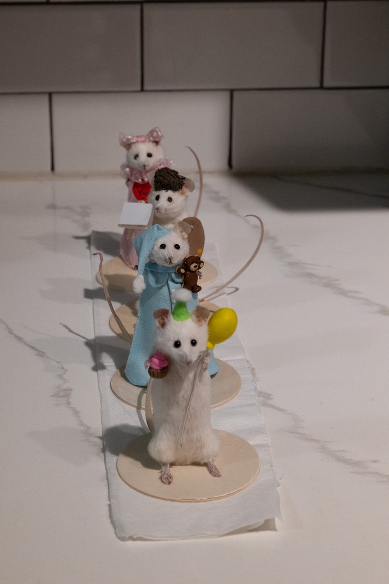 May include: Four white mouse figurines wearing different outfits and accessories. The mouse in the front is wearing a party hat and holding a cupcake and a yellow balloon. The mouse behind it is wearing a blue robe and holding a teddy bear. The mouse behind that is wearing a brown hat and the mouse in the back is wearing a pink dress and a bow.