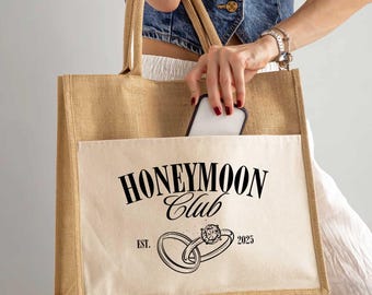 Custom Honeymoon Club Tote Bag, Honeymoon Beach Gift Bag, Just Married Party Favor, Honeymoon Travel Jute Bag, Just Married Tote Bag