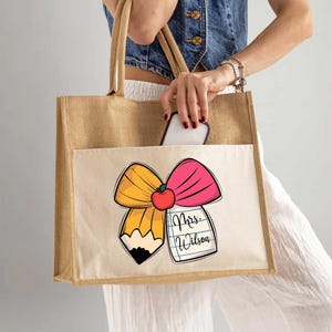 Custom Teacher Tote Bag, Personalized Teacher Gift, Appreciation Gift for Teacher, Bow Coquette Design, Unique Teacher Bag