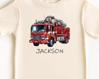 Custom Name Fire Truck Kids T-Shirt, Firefighter Tee, Personalized Birthday Tee for Toddler, Firefighter Lover Gift, Little Firefighter Tee
