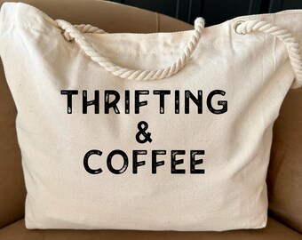 Thrifting and Coffee Tote Bag, Coffee Lover Gift, Book Bag, Bookish Tote, Coffee Lover, Vintage Coffee Bag, Coffee Lover Tote Bag