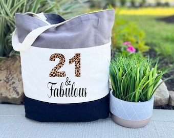 21 y fabuloso bolso de mano, bolso de mano de cumpleaños número 21, bolsas de regalo de fiesta de cumpleaños, bolso de mano de lona, leopardo 21 y fabulosa bolsa de regalo, regalo para ella