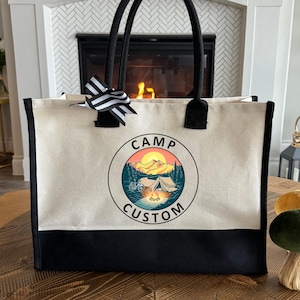 Custom Name Happy Camper Tote Bag, Personalized Camper Tote Bag, Camping Tote Bag, Camping Lover Bag, Camper Gift Bag, Campfire Bag
