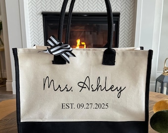 Custom Mrs. Tote Bag, Personalized Bride Last Name Bag, Wedding Gift Bag, Est Date Newlywed Canvas Bag, Honeymoon Bag, Bridal Tote Bag