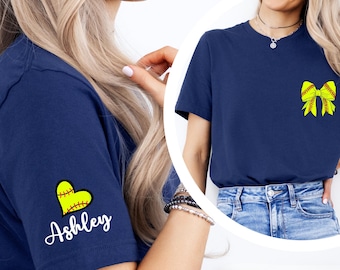Personalized Softball T-shirt, Softball Heart Shirt With Custom Name, Coquette Bow Softball Mom Shirt, Softball Shirt, Softball Name Gift