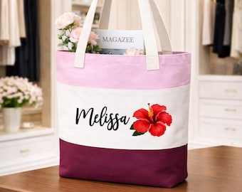 Personalized Hibiscus Flower Tote Bag, Custom Name Tote For Summer