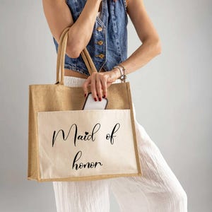 Maid Of Honor Jute Bag, Bridal Party Accessory, Wedding Day Essentials, Script Design Tote