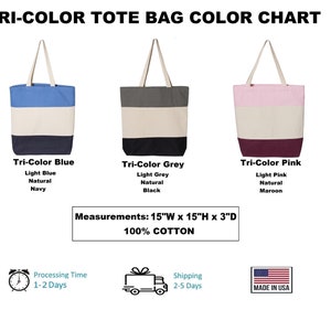 May include: Three tote bags with different color combinations. The bags are made of 100% cotton and measure 15 inches wide by 15 inches high by 3 inches deep. The bags are shown in the following color combinations: light blue, natural, navy; light grey, natural, black; light pink, natural, maroon.