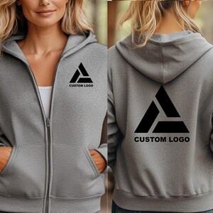 Custom Logo Full Zip Hoodie, Business Logo Zip Sweatshirt, Bulk Zip Hoodie Custom Text or Logo image 3