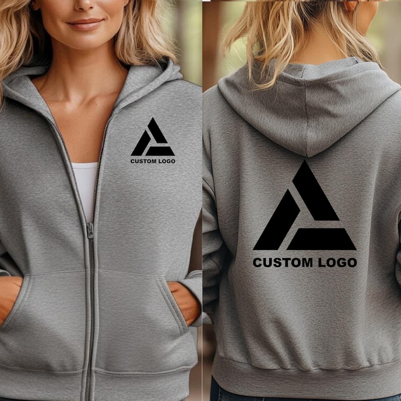 Custom Logo Full Zip Hoodie, Business Logo Zip Sweatshirt, Bulk Zip Hoodie Custom Text or Logo image 3