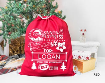 May include: A red Santa Express gift bag with white text and graphics, including Santa Claus, a gift, and a star. The text reads "Special Delivery For: LOGAN" and "Open on 25th December Only!"