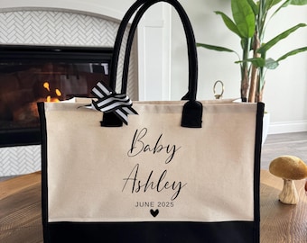 Personalized Mom and Baby Tote Bag, Custom Baby Name New Mom Gift Tote Bag, Pregnancy Announcement Gift, Baby Announcement Bag