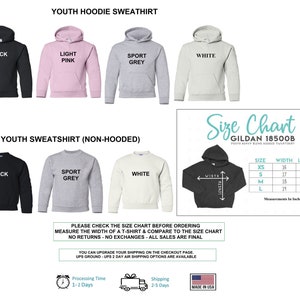 May include: Size chart for youth hooded and non-hooded sweatshirts in black, light pink, sport grey, and white. The chart shows sizes XS, S, M, and L with width and length measurements in inches. Gildan 18500B Youth Heavy Blended Hoodie Sweatshirt.