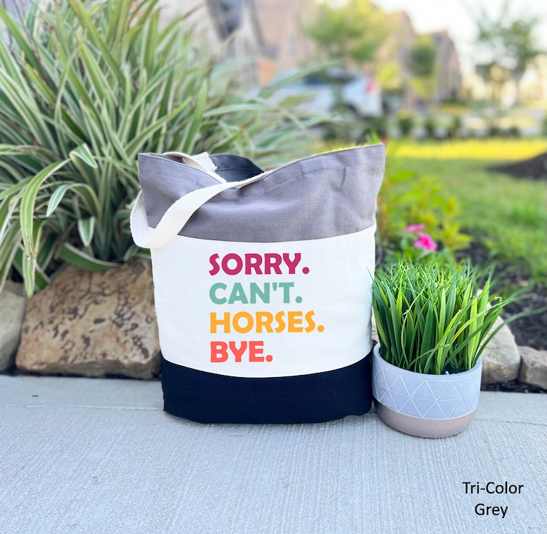 K&ouml;nnte beinhalten: Eine graue, wei&szlig;e und schwarze Tragetasche mit dem Text "SORRY. CAN'T. HORSES. BYE." in bunten Buchstaben. Die Tasche liegt auf einem grauen B&uuml;rgersteig.