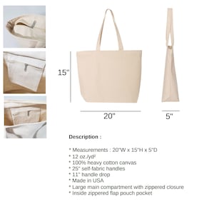 the measurements of a canvas tote bag
