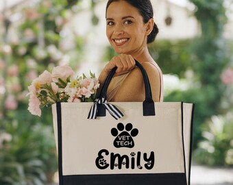 Personalized Vet Tech Tote Bag, Canvas with Paw Prints and Name