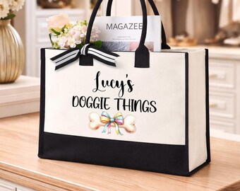 Custom Name Dog Mom Tote, Personalized Pet Bag, Pet Supplies Carrier with Ribbon