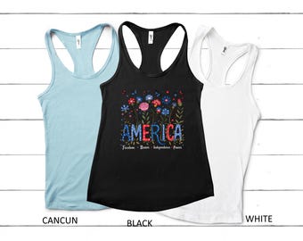 Patriotic Floral Tank Top, Vintage America, July 4th Gift