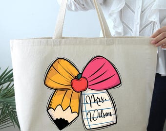 Personalized Teacher Tote Bag, Pencil Bow, Appreciation Gift