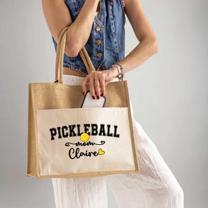 Pickleball Mom Jute Tote Bag, Custom Name Pickleball Mom Bag, Customized Pickleball Mom Tote, Personalized Pickleball Mom Bag, Gift for Mom