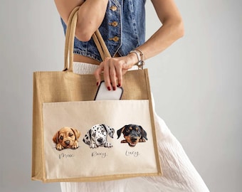 Personalized Pet Portrait Jute Tote Bag, Dog Mom Gift