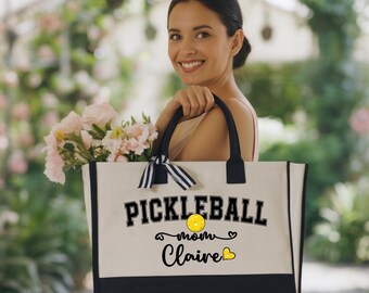 Personalized Pickleball Girl Canvas Tote Bag, Custom Name Sports Bag
