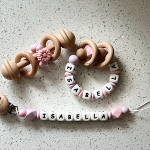 Personalized Pacifier Clip & Rattle: Custom Baby Gift Set