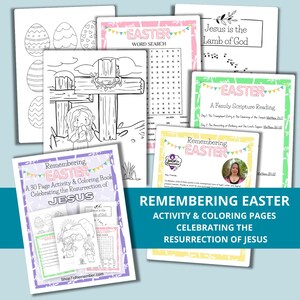 May include: A 30-page activity and colouring book for children celebrating Easter and the resurrection of Jesus. The book features a variety of activities, including word searches, colouring pages, and scripture readings. The cover of the book is pink, yellow, and green with a picture of a cross and a girl praying.