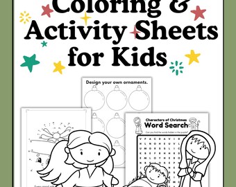 May include: A Christmas-themed activity book for kids. The cover features the text "CHRISTmas Coloring & Activity Sheets for Kids" with star and snowflake illustrations. Inside are coloring pages and a word search.